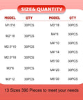 Chart showing 390 piece roll pin set including 13 sizes with quantities for home improvement and machinery maintenance.
