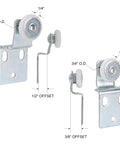 Four Pair Sliding Closet Door Roller Kit For Top Hung Doors With Three Quarters Inch Convex Wheels Ball Bearing Stamped Steel Rollers And Front Panel One Quarter Inch Offset And Rear Panel Three Eighths Inch Offset Brackets showing front and side view of rollers