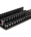 68-piece 3/8 Inch Drive 12 Point Impact Socket Set With Rails, showing standard and deep sockets in SAE and metric sizes.