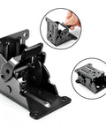 Self Locking Folding Table Leg Brackets With Heavy Duty Hinge And Screws For Collapsible Shelves, black steel hinge details and assembly.