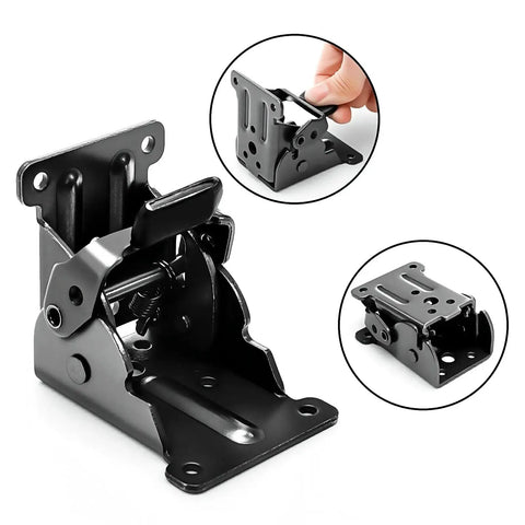 Self Locking Folding Table Leg Brackets With Heavy Duty Hinge And Screws For Collapsible Shelves, black steel hinge details and assembly.