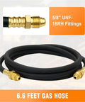 Front view of CAMPFIRE Argon/CO2 welding gas hose, black rubber, 6.6 ft, brass 5/8 UNF-18RH fittings on both ends