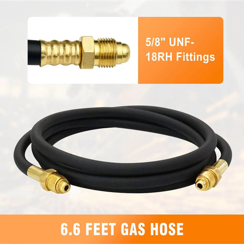 Front view of CAMPFIRE Argon/CO2 welding gas hose, black rubber, 6.6 ft, brass 5/8 UNF-18RH fittings on both ends