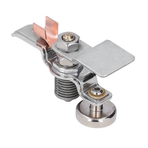 Heavy Duty Magnetic Welding Ground Clamp With Strong Suction And Run On Tab For Stable Grip No Degaussing showing brass nose and metal components.