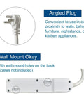 Four Outlet Power Strip With Angled Flat Plug And Short Cord For Kitchen Office Travel 250 Joules Surge Protection Lighted On Off Switch And Circuit Breaker ETL Listed Compact Space Saving Design showing angled plug and wall mount holes