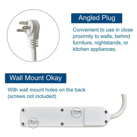 Four Outlet Power Strip With Angled Flat Plug And Short Cord For Kitchen Office Travel 250 Joules Surge Protection Lighted On Off Switch And Circuit Breaker ETL Listed Compact Space Saving Design showing angled plug and wall mount holes