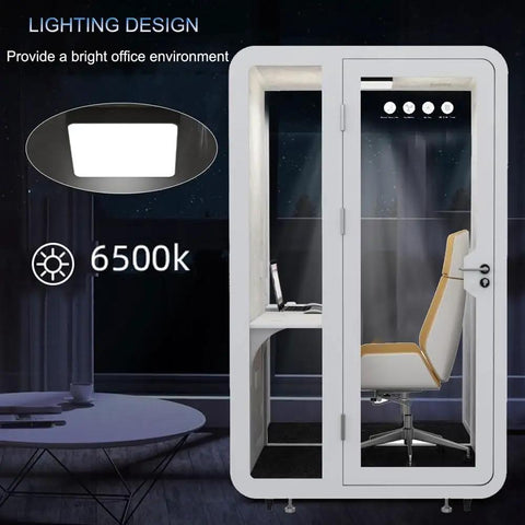Mobile Office Pod Soundproof Work Booth Modular Privacy Cubicle with 6500K lighting and ergonomic chair design.