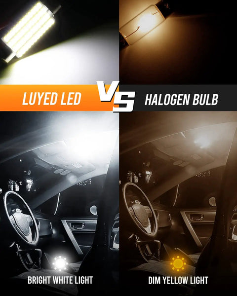 Xenon White LED Car Interior Bulbs 570 Lumens Each, 3.8W, 6500K vs Halogen Bulb brightness comparison in car