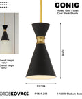 Conic Mini Pendant Light In Honey Gold Finish, 1 Light, 100W Max, 9.38 Inch Height By 5.5 Inch Width, shown with coal black shade