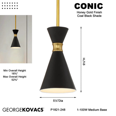 Conic Mini Pendant Light In Honey Gold Finish, 1 Light, 100W Max, 9.38 Inch Height By 5.5 Inch Width, shown with coal black shade