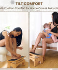 Woman using Under Desk Adjustable Foot Rest With Three Level Incline, 7 Inch Wooden Foot Stool for home care activities