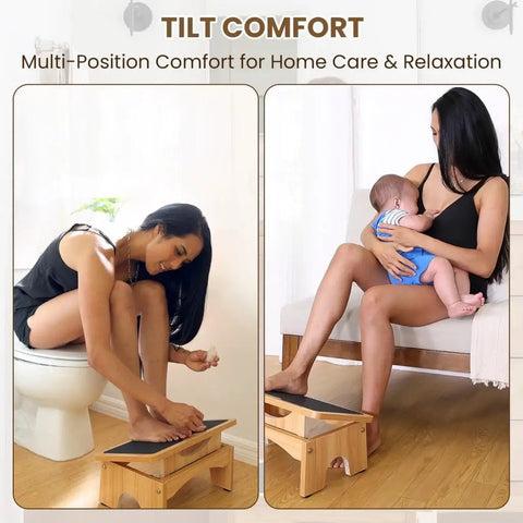 Woman using Under Desk Adjustable Foot Rest With Three Level Incline, 7 Inch Wooden Foot Stool for home care activities