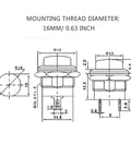 Technical diagram of 24Pcs 16Mm Momentary Push Button Switches 2 Pin Self Resetting Round On Off 3A 250V AC Mini Button Kit
