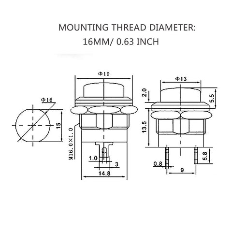 Technical diagram of 24Pcs 16Mm Momentary Push Button Switches 2 Pin Self Resetting Round On Off 3A 250V AC Mini Button Kit