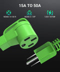 Close-up of Heavy Duty NEMA 5-15P to 14-50R Adapter Cord showing green connectors for Level 1 EV Chargers.
