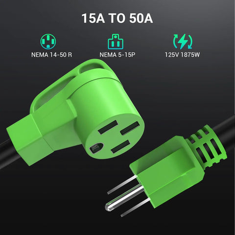 Close-up of Heavy Duty NEMA 5-15P to 14-50R Adapter Cord showing green connectors for Level 1 EV Chargers.