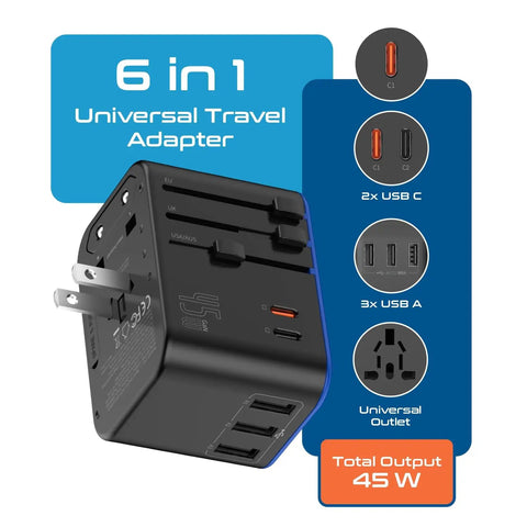 6-in-1 Universal Travel Adapter with PD and QC 3.0 45W, dual USB C, 3 USB ports, global outlet and plug options shown.