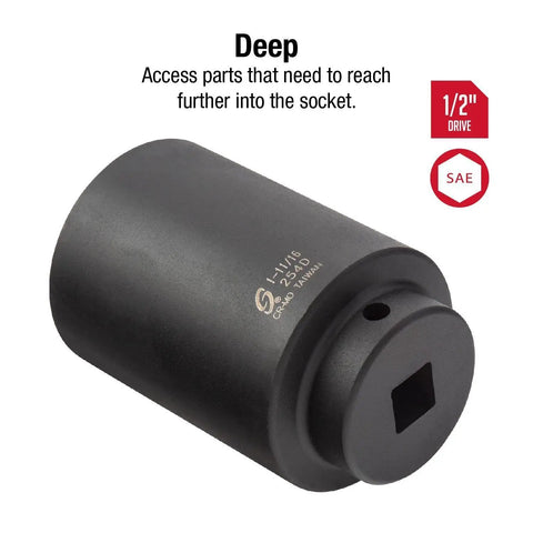 Half Inch Drive Deep Impact Socket 1-11/16 In 6 Point Cr-Mo Alloy Steel with Dual Size Markings