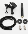 Wall Mount Bathtub Faucet With Handheld Shower And 59 Inch Hose Sleek Black Finish system components displayed