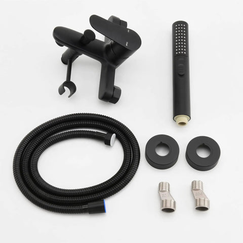 Wall Mount Bathtub Faucet With Handheld Shower And 59 Inch Hose Sleek Black Finish system components displayed