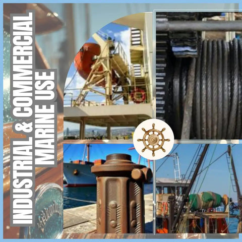 Collage of industrial marine equipment including boat trailers and wheel bearings for marine use