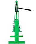 Side view of a green 6 Ton H Frame Hydraulic Shop Press With Adjustable Working Table, Plates, And Height for auto repair.
