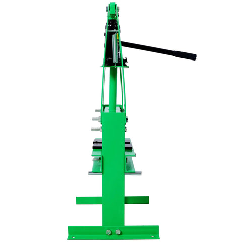 Side view of a green 6 Ton H Frame Hydraulic Shop Press With Adjustable Working Table, Plates, And Height for auto repair.