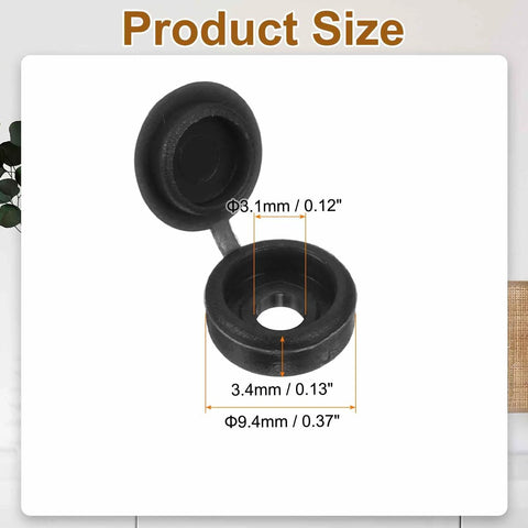 Product size of plastic hinged screw cover caps 3.1 millimeter inner diameter, black