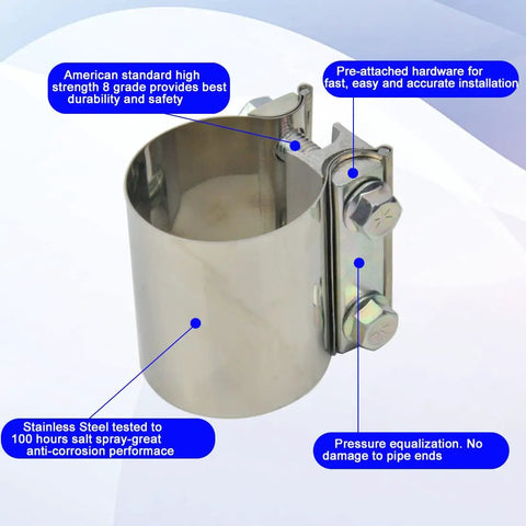 2.25 Inch Exhaust Clamp Stainless Steel Lap Joint Band Clamp Sleeve For 2.25 Inch OD Pipes ID 2.25 Inch Butt Joint With M10 Bolt