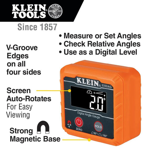 Klein Tools 935DAG digital angle gauge with orange housing and black display; measures 0–90° and 0–180°.