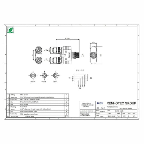 Technical drawing of Two Pack M12 Y Connector 4 Pin A Coded Waterproof Adapters, One Male to Two Female Splitter for Industrial Sensors.