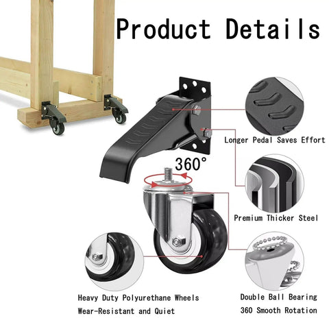 Heavy Duty Retractable Casters Set Of Four With Floor Mount Hardware Built Tough For Any Workshop Table Or Utility Cart Offering Rock Solid Locking Stability And Smooth Rolling Glide Across Concrete Surfaces Handling 300 KG Loads Like A Champ showing details of the caster system with black pedal and premium steel design.