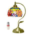 Rose Floral Stained Glass Table Lamp With Antique Brass Curved Base, Handmade Reading Lamp, LED Bulb Included, Vintage Desk Lamp