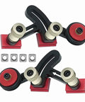 One Way Feeder Stock Guide With Anti Rebound Safety Push Block For Table Saws Featuring Adjustable Miter Sliders, aluminum rollers and red pads.