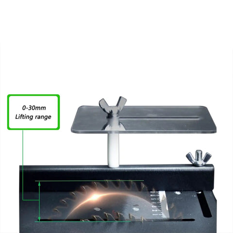 Heavy Duty Yet Portable Mini Table Saw With Plug In Power Supply For steady woodworking showing 0-30mm lifting range and blade assembly.