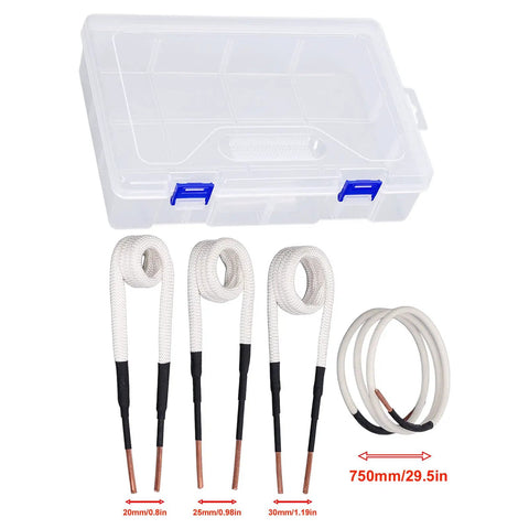 Heavy Duty Four Piece Induction Heater Coil Kit With 3 Mm Brass Cores To Rip Rusted Bolts Free and Knock Stubborn Nuts Loose Fast For Automotive Repair And Mechanic Shops with four coils and storage case.