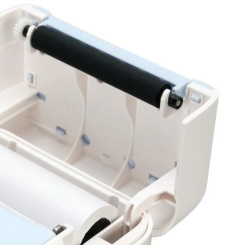 Inside view of Banapoy Inkless Bluetooth Thermal Label Maker Machine with paper roll and roller, compact design for easy printing.