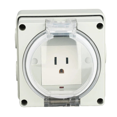 Rock Solid IP66 Weatherproof Outdoor Electrical Outlet For Garden Construction And Backyard Projects Hella Durable PC Housing, front view with clear cover.