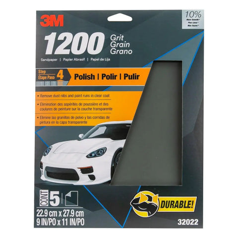 1200 Grit Wet And Dry Sandpaper Sheets 9 By 11 Inches, 5 Pack box for auto body repair, featuring waterproof backing
