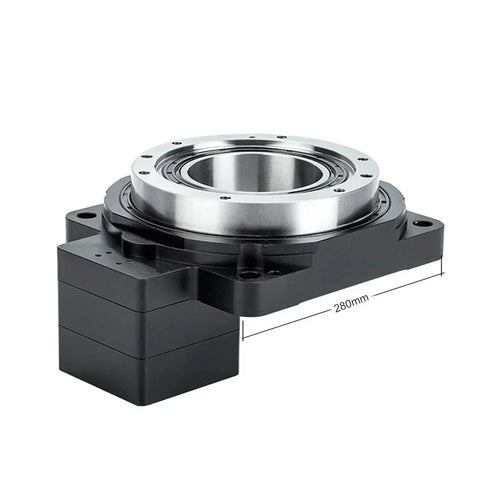 Precision Rotary Turntable With Hollow Shaft Stepper Motor Drive, 280mm diameter, designed for smooth 360-degree CNC operations.