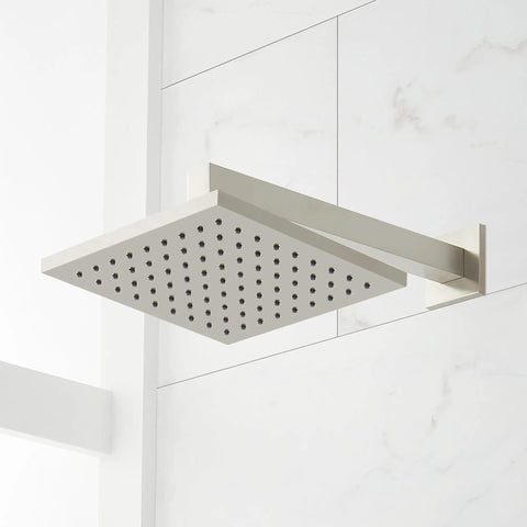 Slick Matte Black Hibiscus Thermostatic Shower System With 1.8 GPM Flow Control overhead shower head with sleek design.