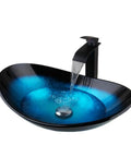 Blue Oval Glass Vessel Sink With Waterfall Faucet And Pop Up Drain Above Counter Bathroom Vessel Sink Artistic Tempered Glass Bowl