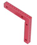 Sturdy Right Angle Clamps 2 Pack Aluminum Alloy Positioning Tools For Woodworking And Crafts Clear red measurement scale close-up.