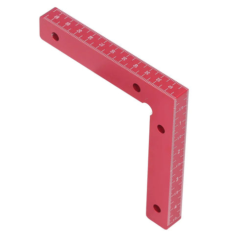 Sturdy Right Angle Clamps 2 Pack Aluminum Alloy Positioning Tools For Woodworking And Crafts Clear red measurement scale close-up.