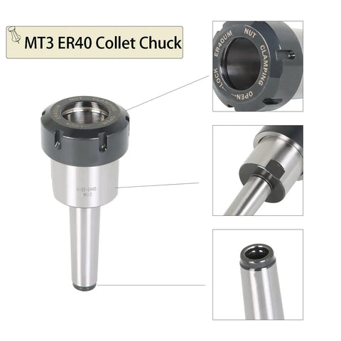 ER40 Collet Chuck Set 17 Pieces With MT3 Shank, Heavy Duty Pro Grade Spring Collets, 2 to 26 mm Clamping Range, box view details