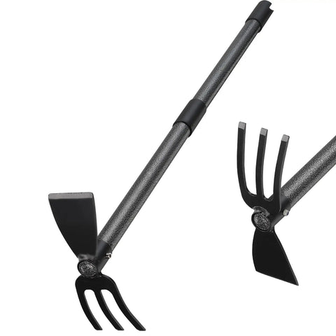 Beefy Heavy Duty Garden Hoe And Cultivator with adjustable 45 inch handle, stainless steel head, and 3 fork hand tiller for weeding