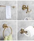 All In One Antique Brass Bathroom Accessories Set With 24 Inch Towel Holder And Wall Mount Hardware showing towel bar, hook, ring, and toilet paper holder.