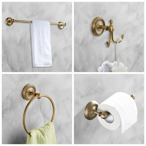 All In One Antique Brass Bathroom Accessories Set With 24 Inch Towel Holder And Wall Mount Hardware showing towel bar, hook, ring, and toilet paper holder.