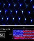 Patriotic Flag String Lights With 420 Super Bright LEDs waterproof net light for yard and garden decor, showcasing blue and white lights.