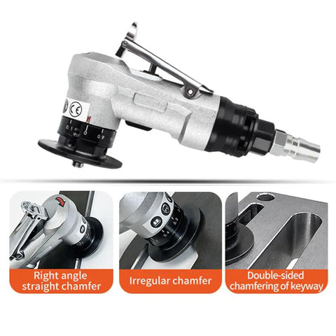 Mini Pneumatic Chamfering Machine JIUNENG Metal Edge Beveler shown with various chamfering options and adjustable speed settings.